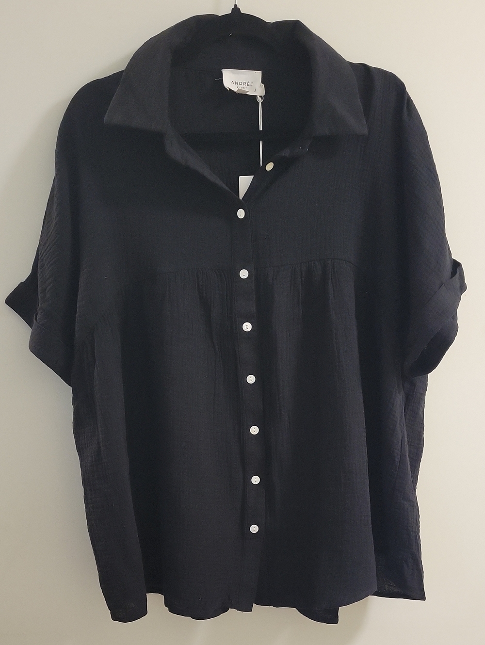 Andree Black Button-Front Cotton Popover Baydoll Shirt Sleeve Blouse Size Large
